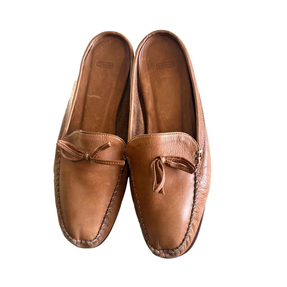 COACH Rayna Soft Brown Leather Bow Mocassin Mules ITALY Size 9.5 B